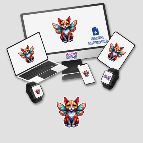 Cute Geometric Fairy Cat sticker on laptop screen, featuring a colorful winged cat design, available as stickers or digital artwork. Perfect for personalizing devices with unique, whimsical flair.