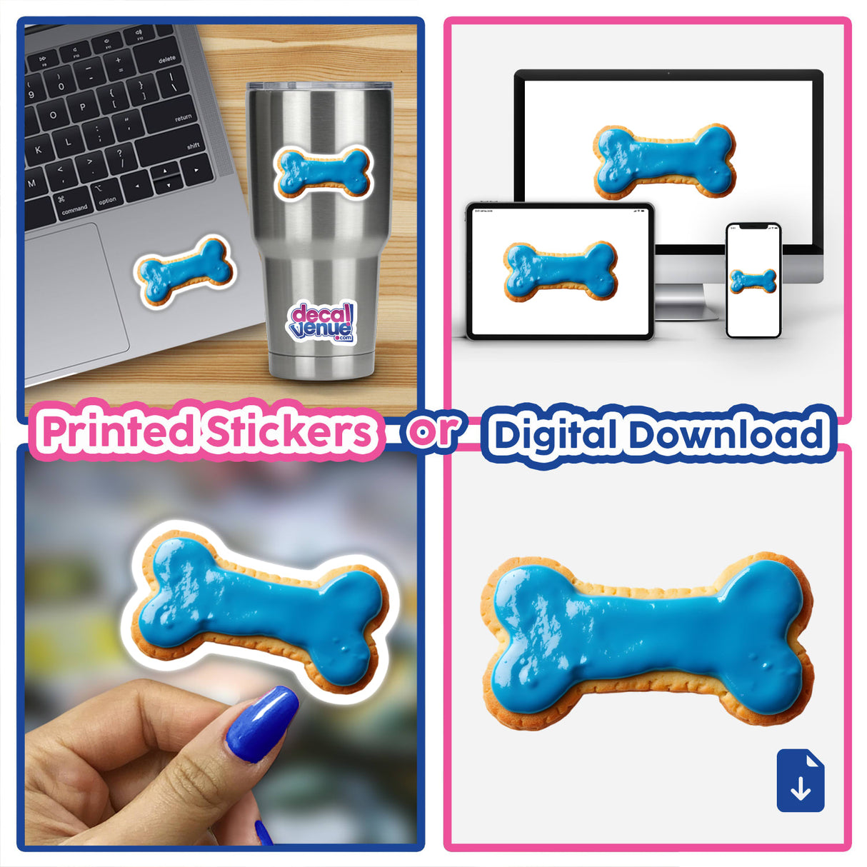Dog Bone Shaped Cookie with Blue Icing displayed in various settings, including close-ups and different props, highlighting its intricate design. Available as stickers or digital artwork from Decal Venue.