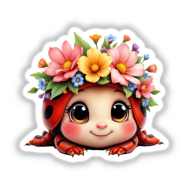 Adorable Ladybug with a Spring Flower Crown, a cartoon ladybug adorned with flowers. Available as stickers or digital art from Decal Venue, perfect for nature lovers and cute art enthusiasts.