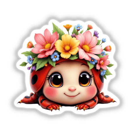 Adorable Ladybug with a Spring Flower Crown, a cartoon ladybug adorned with flowers. Available as stickers or digital art from Decal Venue, perfect for nature lovers and cute art enthusiasts.