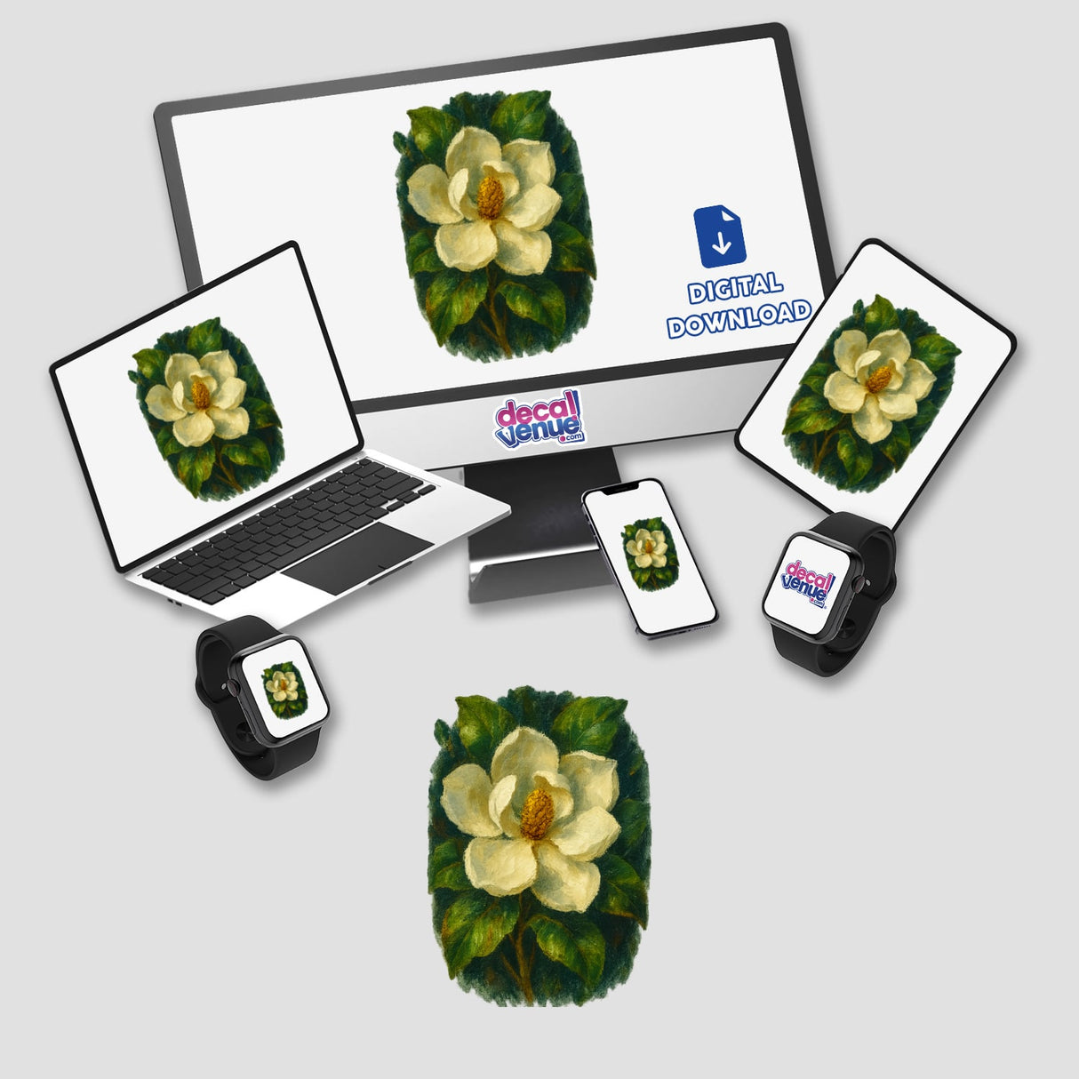 Louisiana Mississippi State Flower Sticker or Clipart features a detailed Magnolia Blossom Art, available as stickers or digital artwork with commercial rights, offered by Decal Venue's unique collection.