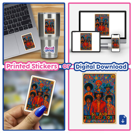 Sly Stone Memorial 1960s Retro Trading Card Art captures the vibrant, psychedelic tribute to Sly and the Family Stone, ideal as printable wall art or collectible, echoing Decal Venue's unique digital artistry.