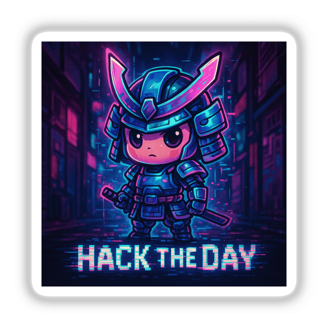 Hack The Day Chibi Cyberpunk Sticker or Clipart, a motivational anime art piece, features a dynamic character design, available as stickers or digital artwork, ideal for commercial use.