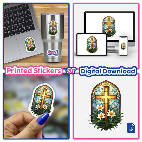 Stained Glass Christian Cross with Easter Lilies Clipart, featuring a collage of crosses and flowers, available as stickers or digital artwork for commercial use.