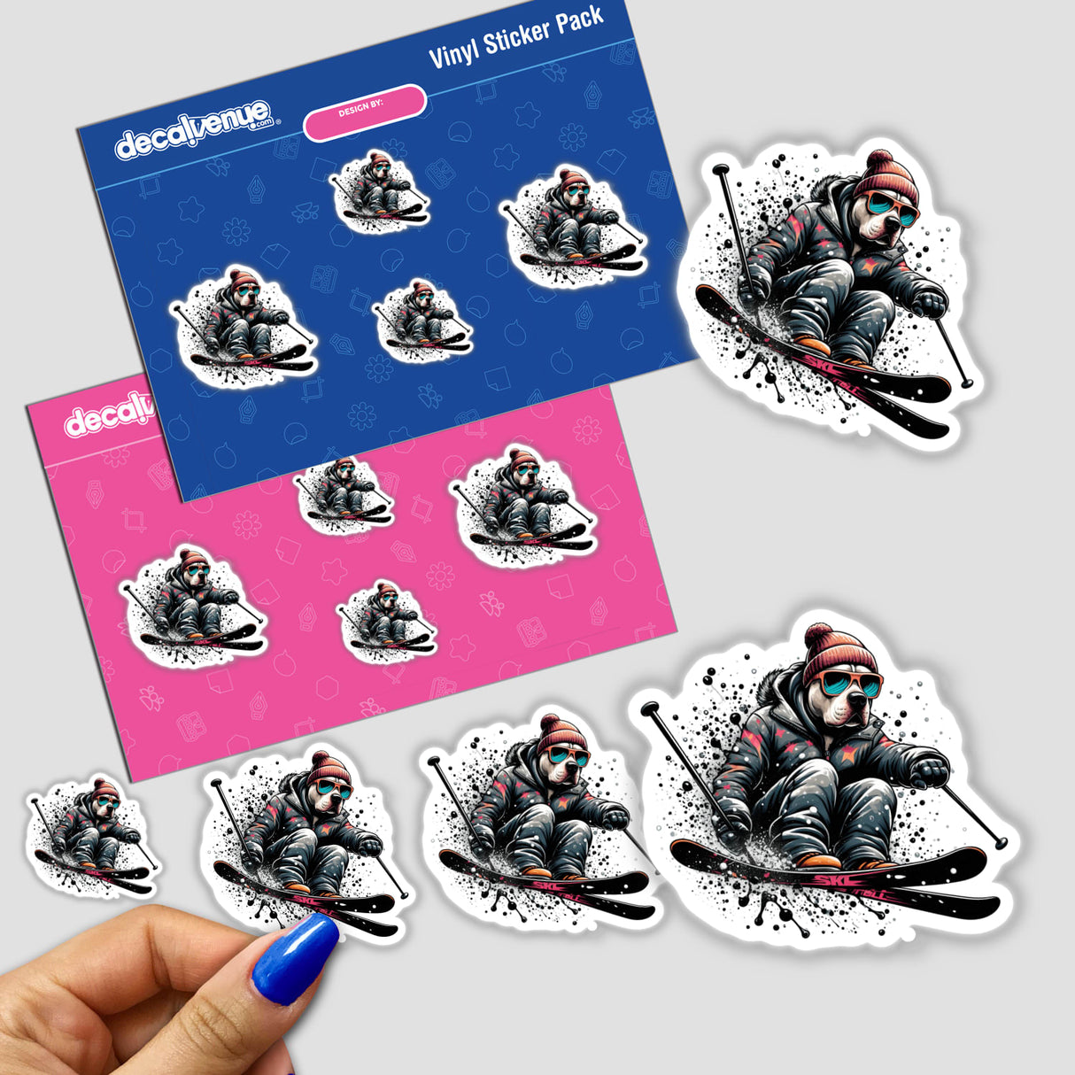 Pitbull Dog Skier sticker pack featuring a playful cartoon dog skiing with sunglasses and a hat. Available as stickers or digital artwork, reflecting Decal Venue's unique design ethos.