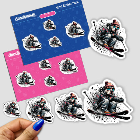 Pitbull Dog Skier sticker pack featuring a playful cartoon dog skiing with sunglasses and a hat. Available as stickers or digital artwork, reflecting Decal Venue's unique design ethos.