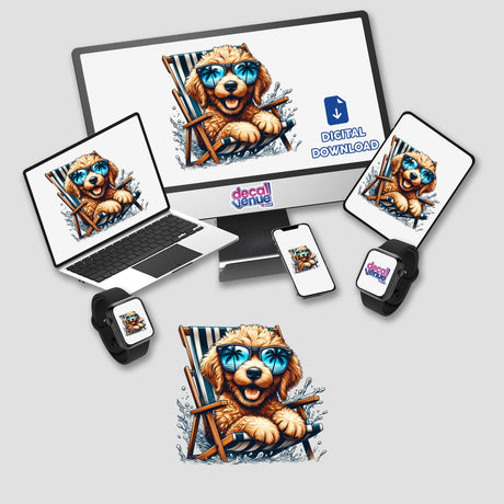 Peeking Golden Doodle Sitting in Beach Chair II depicted as a cartoon dog wearing sunglasses, seated in a beach chair, featured on a computer monitor and laptop screen, available as stickers or digital artwork.