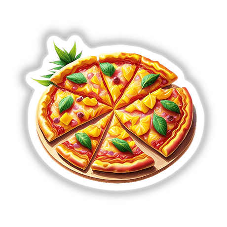 Hawaiian Pizza sticker featuring a close-up of a pizza topped with pineapple slices and green leaves, available as unique stickers or digital artwork from Decal Venue.