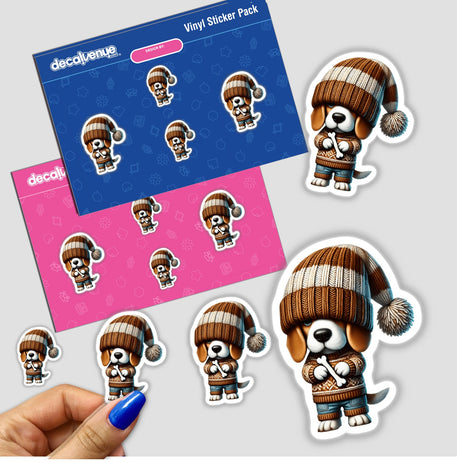 Beagle Gnome Holding Dog Bone sticker featuring a cartoon dog in a knitted hat and sweater. Available as stickers or digital artwork.