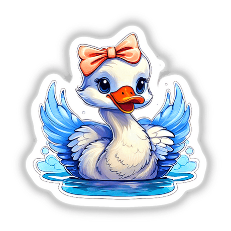 Baby swan cartoon with a bow on its head, available as stickers or digital artwork.