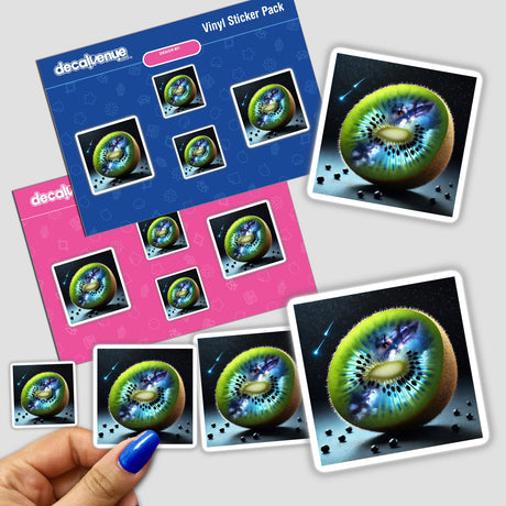 Sticker featuring 'Celestial Kiwi Night Sky Within a Kiwi': A kiwi fruit cut in half, revealing a night sky with celestial elements.