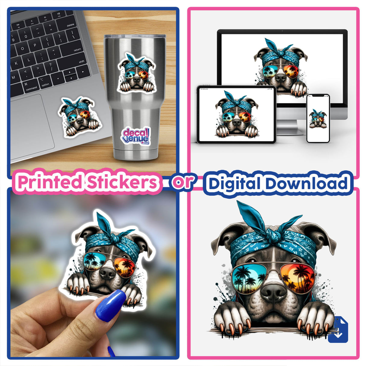 Tupac Style Pitbull Dog wearing sunglasses and a bandana, featured in a collage as stickers or digital artwork, ideal for laptops and cups, from Decal Venue's unique collection.