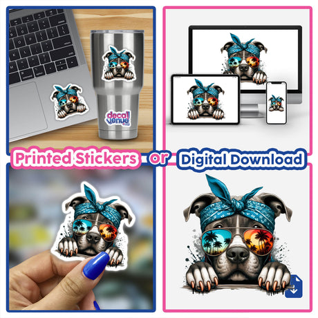 Tupac Style Pitbull Dog wearing sunglasses and a bandana, featured in a collage as stickers or digital artwork, ideal for laptops and cups, from Decal Venue's unique collection.