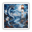 Mystical Dragon and Lighthouse Mosaic: intricate artwork featuring a dragon entwined around a lighthouse, available as stickers or digital art.