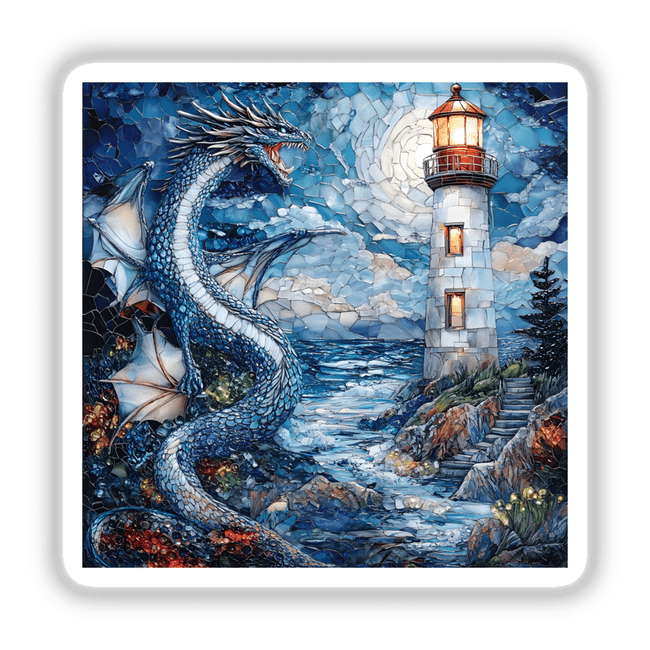 Mystical Dragon and Lighthouse Mosaic: intricate artwork featuring a dragon entwined around a lighthouse, available as stickers or digital art.