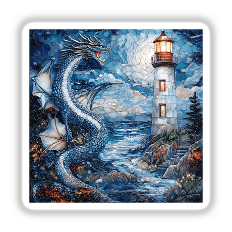 Mystical Dragon and Lighthouse Mosaic: intricate artwork featuring a dragon entwined around a lighthouse, available as stickers or digital art.