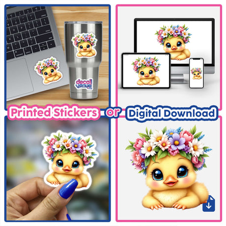 Cute Duckling with a Spring Flower Crown depicted in a collage, showcasing vibrant stickers and digital artwork designs.