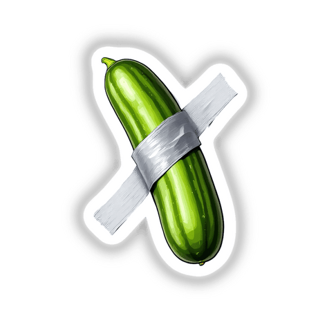 Cucumber Duct Tape Art: A digital artwork or sticker featuring a cucumber wrapped in duct tape, epitomizing quirky, unique designs. Ideal for fans of unconventional, playful art from Decal Venue.