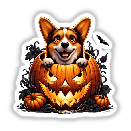 Joyful Corgi peeking from pumpkin - spooky Halloween digital art