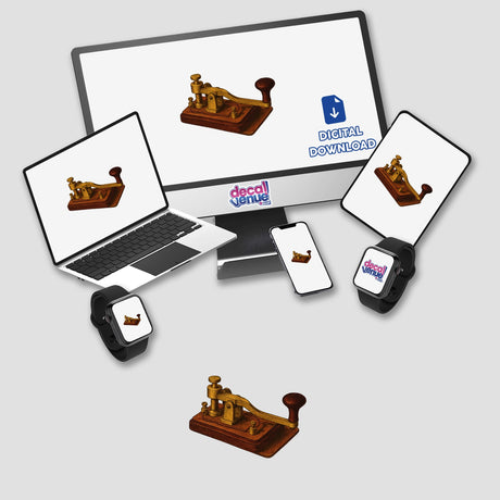 Telegraph Key Clipart PNG & Sticker – Vintage Western Union Printable, Commercial Rights: Detailed Victorian-style telegraph illustration perfect for crafts, classrooms, or collectors, available as a digital download or a premium waterproof sticker.