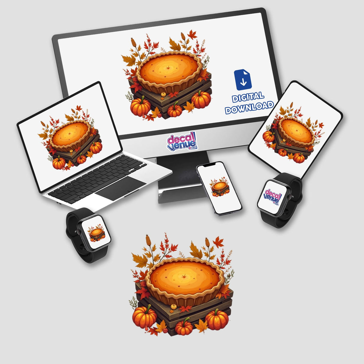 Autumn Pumpkin Pie Clipart - Stickers or Download with Commercial Rights, featuring a pie on various devices like a laptop, tablet, and smartwatch, showcasing versatile digital artwork.