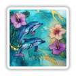 Ocean Scene with Dolphins and Hibiscus Flowers: A vivid painting featuring dolphins and hibiscus blossoms, available as stickers or digital artwork.