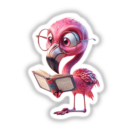Flamingo With Reading Glasses Open Book: A playful cartoon flamingo, wearing glasses, engrossed in a book. Available as stickers or digital artwork, perfect for lovers of unique, whimsical designs.