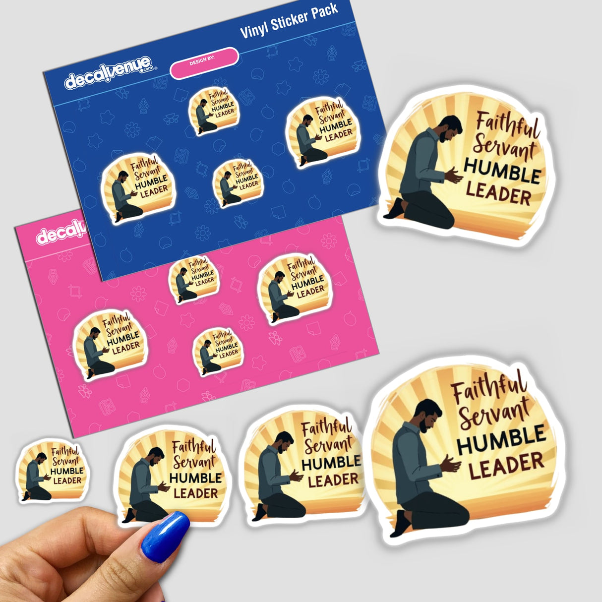Faithful Servant, Humble Leader Pastor Appreciation Sticker depicting a kneeling man in prayer, available as a decal or Christian clipart download with commercial rights.