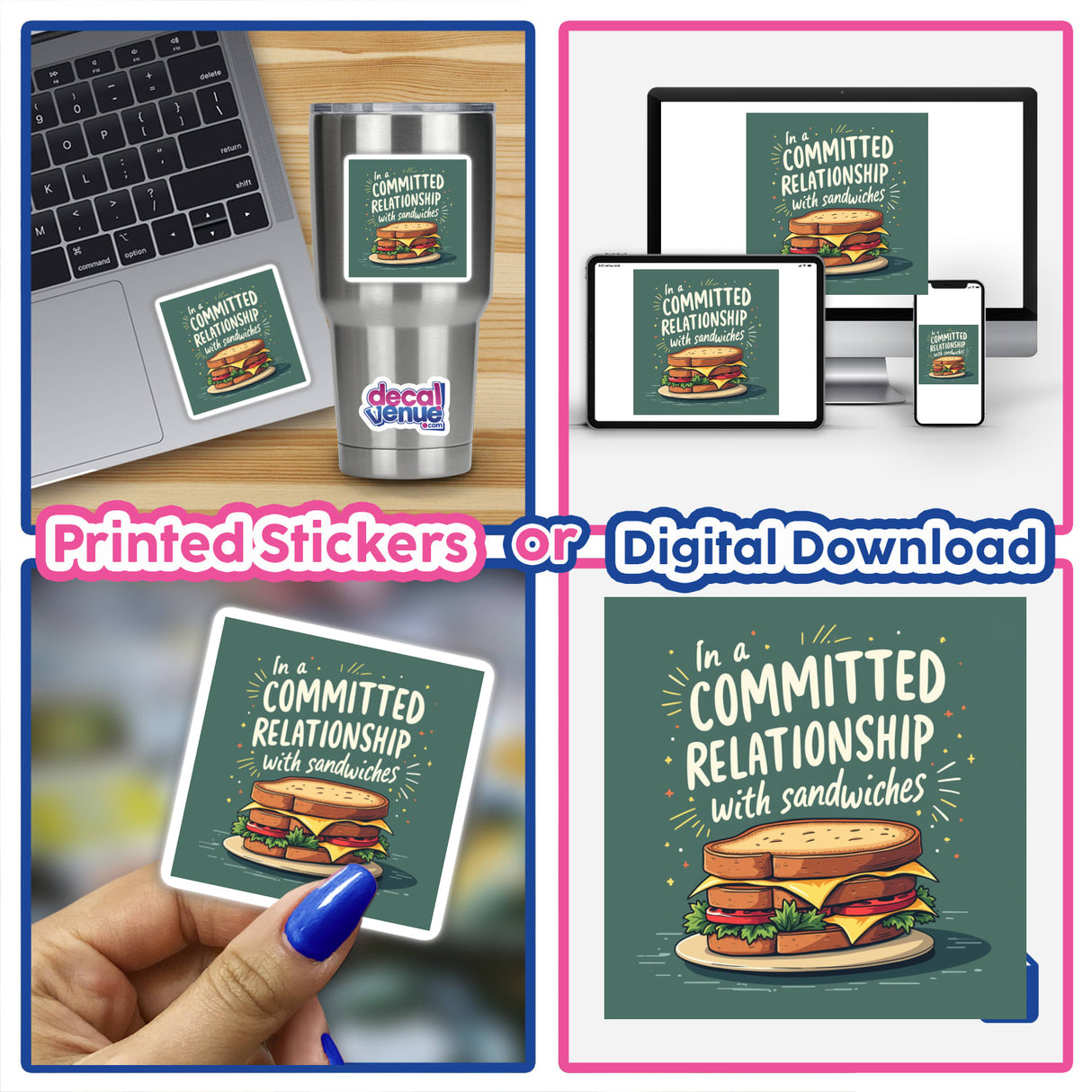 Funny In a Committed Relationship with Sandwiches Sticker & Clipart featured on laptops and mugs, perfect for sandwich lovers. Explore unique stickers and digital art at Decal Venue.