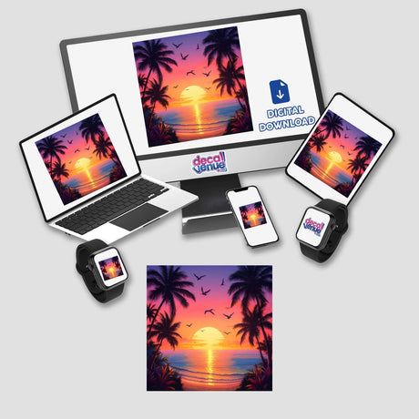 Vibrant Sunset Seagulls Over Tropical Beach digital artwork displayed on a laptop screen, showcasing a picturesque sunset with palm trees, perfect for stickers or digital art from Decal Venue.