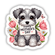 Mother’s Day Schnauzer sticker features a cartoon dog holding a sign with flowers and a heartfelt message, ideal for celebrating the occasion. Available as stickers or digital artwork from Decal Venue.