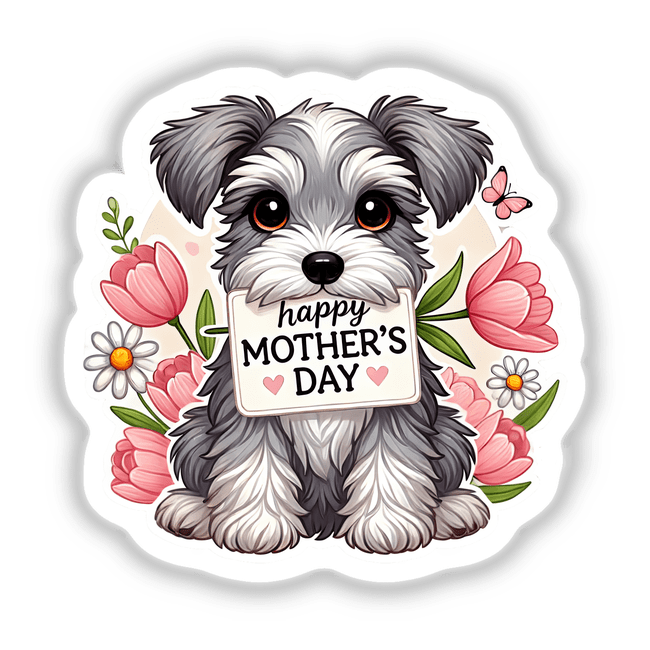 Mother’s Day Schnauzer sticker features a cartoon dog holding a sign with flowers and a heartfelt message, ideal for celebrating the occasion. Available as stickers or digital artwork from Decal Venue.
