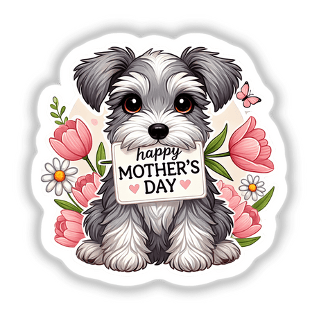 Mother’s Day Schnauzer sticker features a cartoon dog holding a sign with flowers and a heartfelt message, ideal for celebrating the occasion. Available as stickers or digital artwork from Decal Venue.