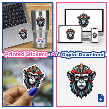 A Cool Monkey King sticker collage featuring a cartoon monkey with a crown, displayed on a laptop and cup, ideal for unique decor or digital artwork.