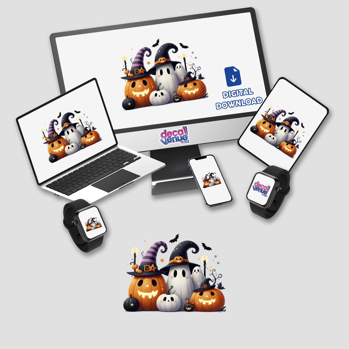 Spooky Halloween Friends digital art displayed on a computer monitor and laptop, featuring cartoon pumpkins, bats, and ghosts. Available as stickers or digital artwork.