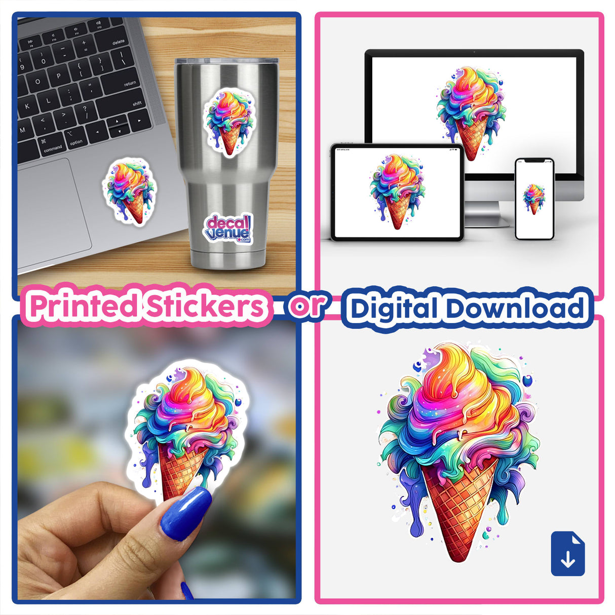 Colorful ice cream cone digital artwork featuring vibrant, expressive designs presented on various product mockups.