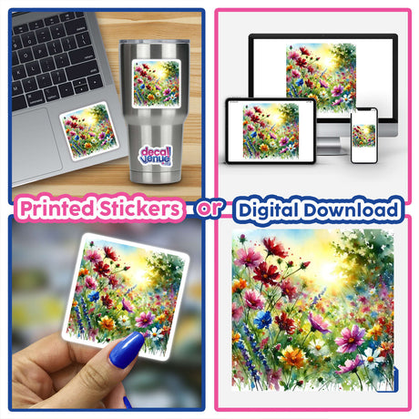 Collage featuring Wild Meadow - Field of Flowers in Bloom with close-ups of hand-painted floral artwork, digital downloads on laptop and phone screens, highlighting its availability as stickers or digital art.