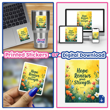 Fauvist Spring Crocus “Hope Renews Your Strength” Isaiah 40:31 Sticker or Clipart featuring floral design, shown on a laptop and phone, available as stickers or digital artwork.