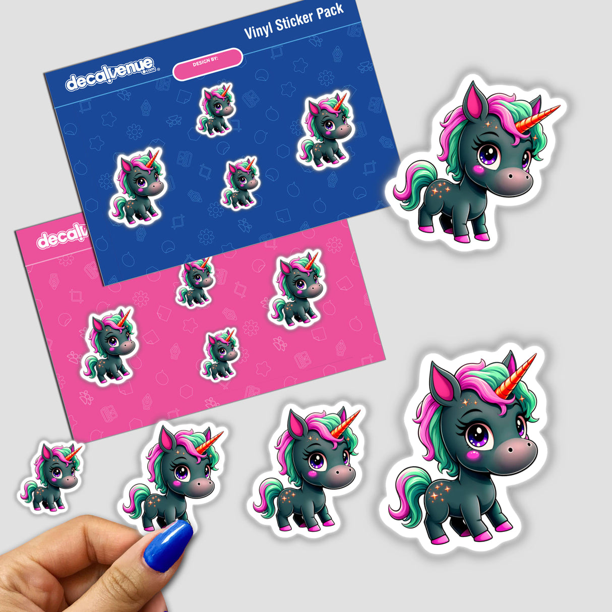 Cute And Magical Pony Unicorn sticker held in a hand, featuring a cartoon unicorn design. Available as stickers or digital artwork, reflecting Decal Venue's range of unique stickers and digital art.