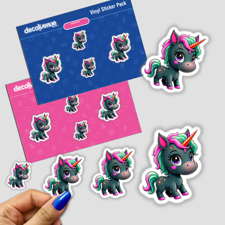 Cute And Magical Pony Unicorn sticker held in a hand, featuring a cartoon unicorn design. Available as stickers or digital artwork, reflecting Decal Venue's range of unique stickers and digital art.