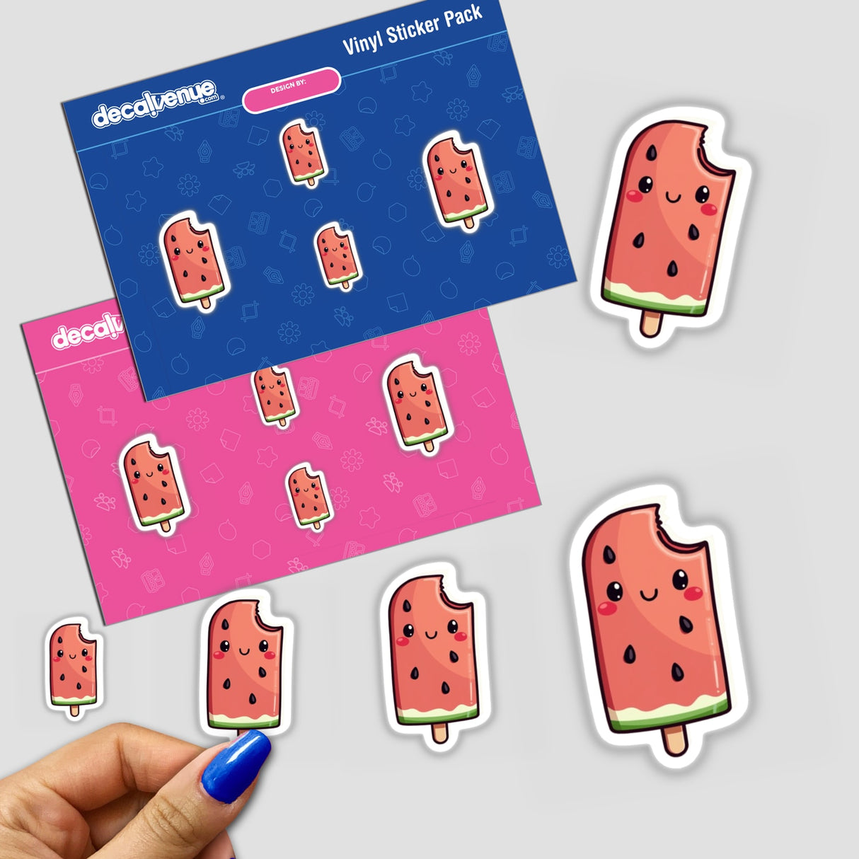 Kawaii Watermelon Popsicle Sticker featuring cute cartoon designs, ideal for summer-themed collections. Available as stickers or digital artwork from Decal Venue, known for unique stickers and digital art.