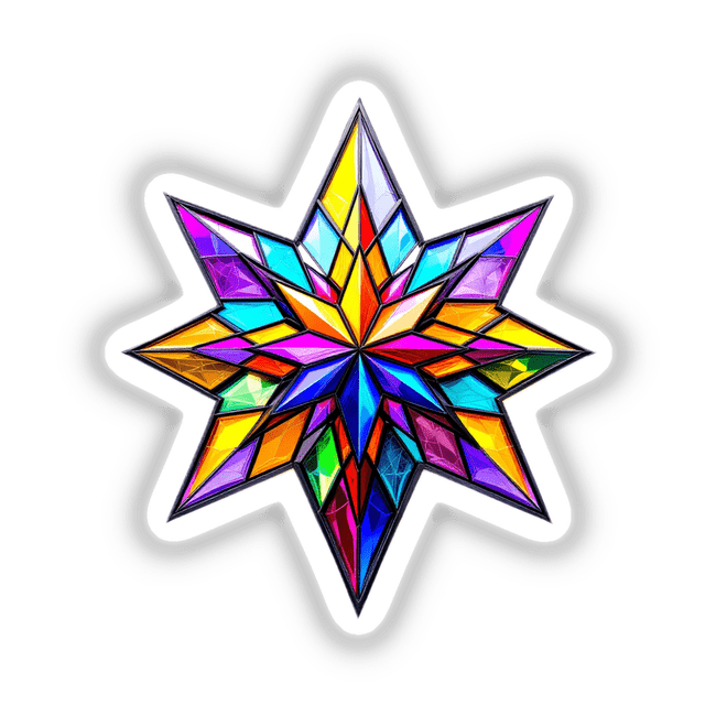 Star Stained Glass Style sticker or digital artwork, showcasing a vibrant, symmetrical star design inspired by stained glass, reflecting the artistic essence of Decal Venue's unique collection.