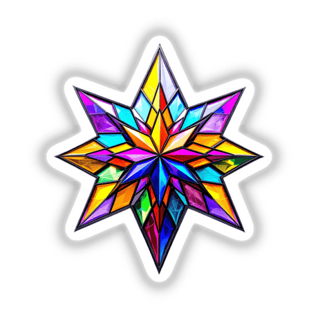 Star Stained Glass Style sticker or digital artwork, showcasing a vibrant, symmetrical star design inspired by stained glass, reflecting the artistic essence of Decal Venue's unique collection.