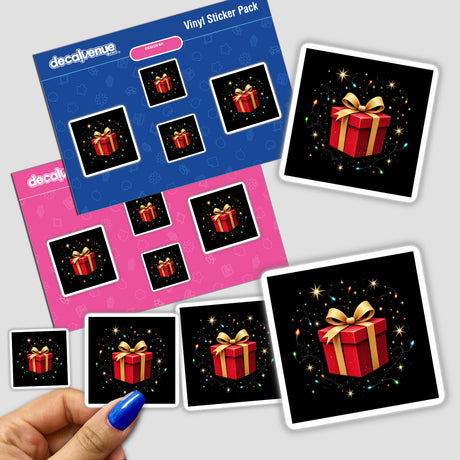 Sticker pack featuring a red present with a gold ribbon and Christmas lights, available as stickers or digital artwork from Decal Venue, known for unique stickers and digital art.