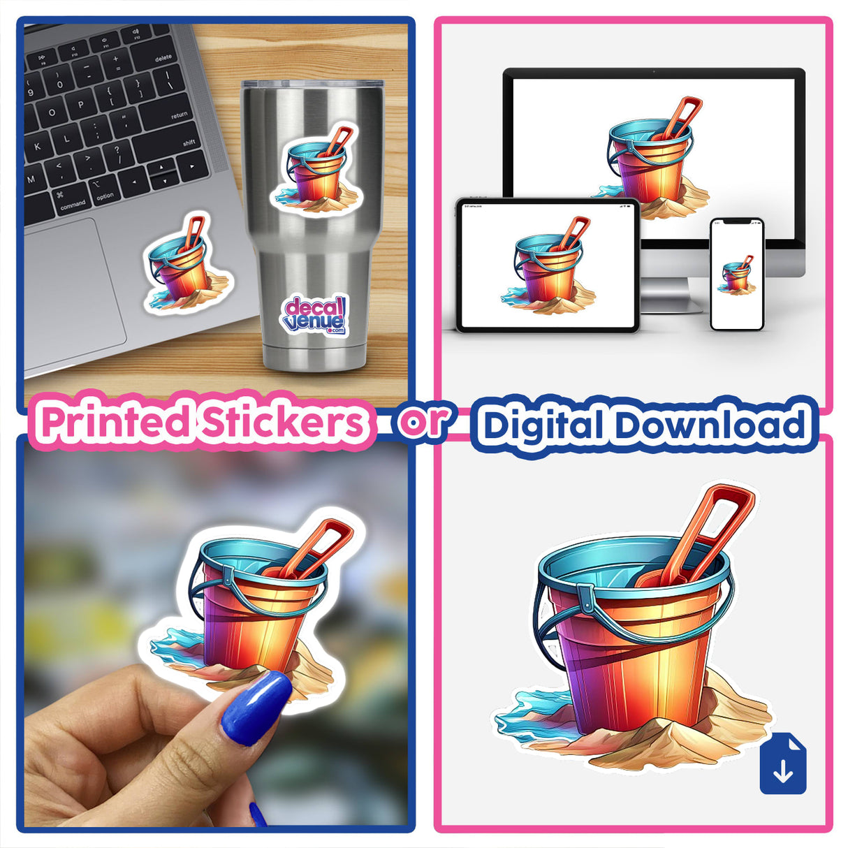 Colorful beach pail and shovel digital artwork showcased on various devices and printed sticker formats, available for digital download from the Decal Venue store.