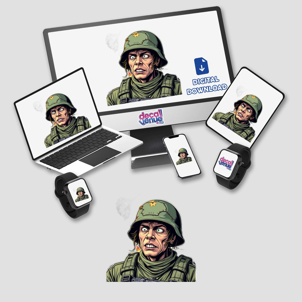 Soldado Caolha digital artwork featuring a cartoon soldier displayed on a computer monitor and laptop, available as stickers or digital art.