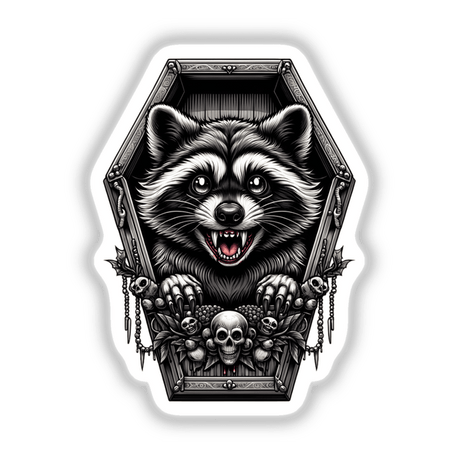 Scary Raccoon in Coffin Halloween: Black and white illustration of a raccoon inside a coffin, available as stickers or digital artwork.