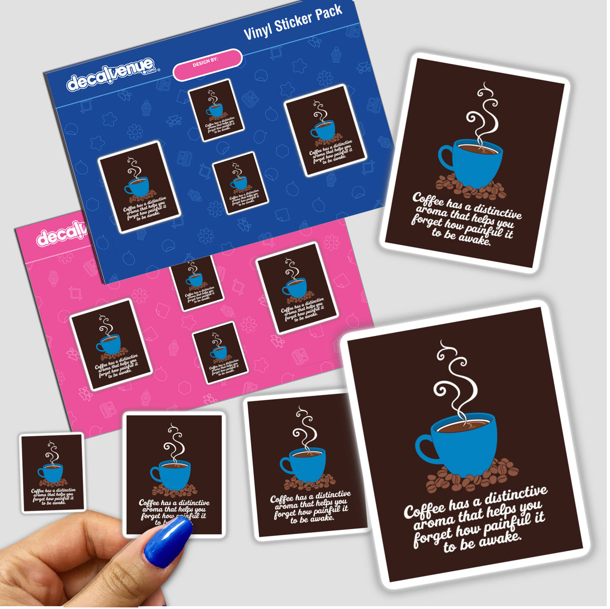 Hand holding Funny Coffee Quote Sticker - Coffee Has a Distinctive Aroma, available as stickers or digital artwork.