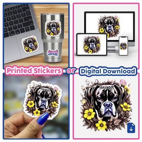 Boxer Dog Portrait Floral Accents PA51