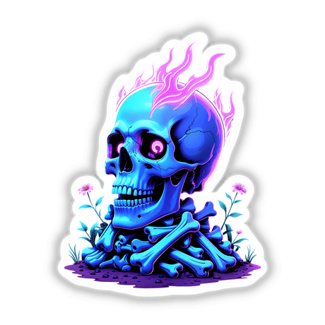 A Skull And Bones On Fire artwork featuring a blue skull with pink flames, available as stickers or digital artwork from Decal Venue.
